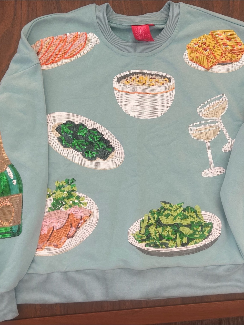 QUEEN OF SPARKLES New Years Embellished Food Print Sweatshirt